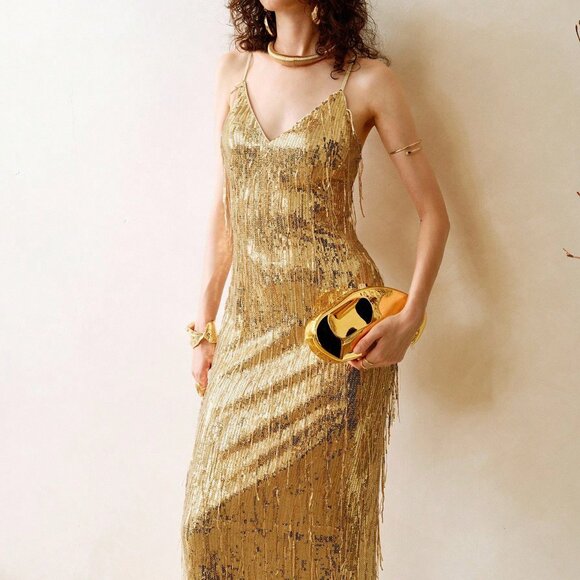 Gold Casual Women's Sequined Braided Sexy Party Cocktail Midi Dress - Picture 3 of 7